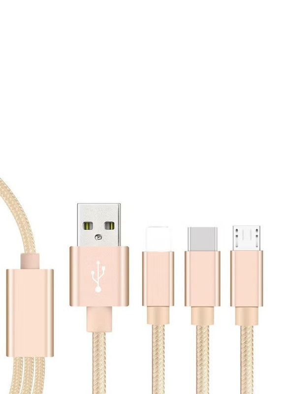 2-Feet 3 In 1 Multi USB Charging Cable, USB A to Lightning, USB Type-C, Micro USB for Smartphone, Gold