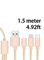 1.5-Meters 3-in-1 Multiple Types Charging Cable, Multiple Types to USB Type A for Smartphones/Tablets, Gold