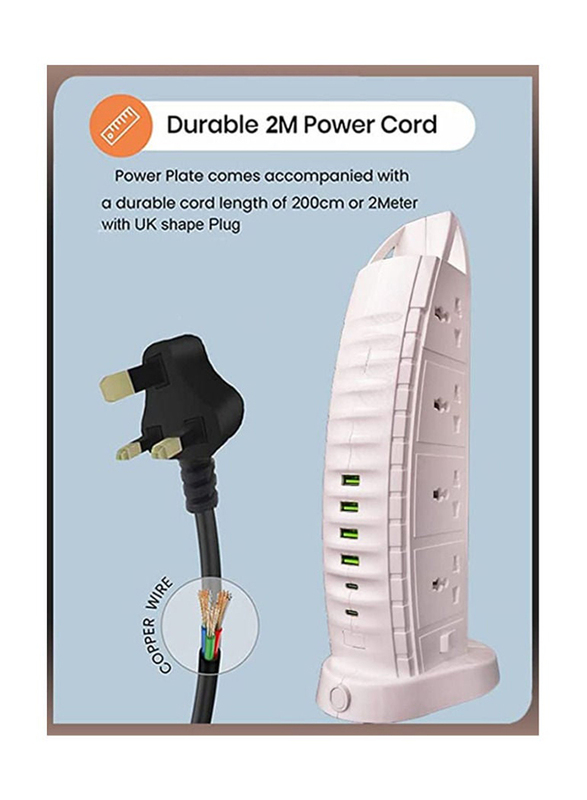 Burj Al Arab Sailboat Shape Tower Extension Lead Power Strip with 8 Ways AC Outlets, 2 Type C Fast Charging Ports & 4 USB Multi Plug Socket, White