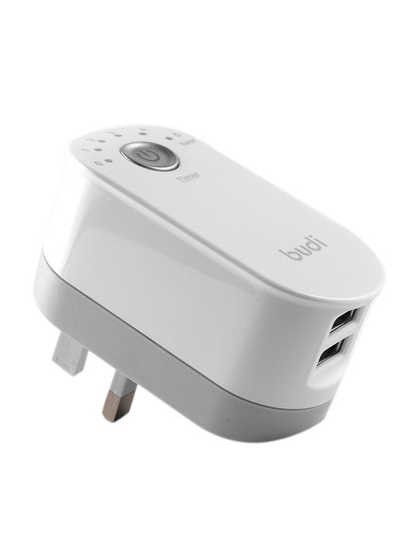 Budi 2-Port USB Timer Mobile Phone Charger UK, White/Grey