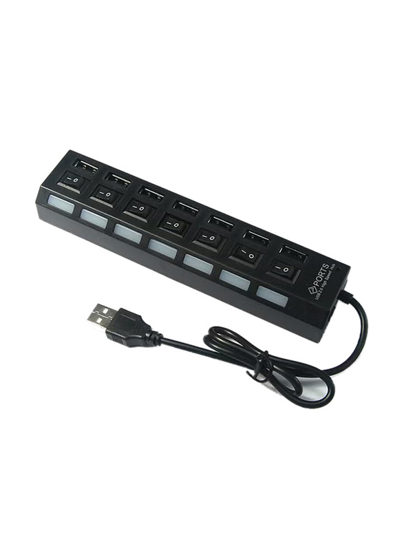Oem 7-Port LED USB 2.0 Hub Adapter With Switch, Black
