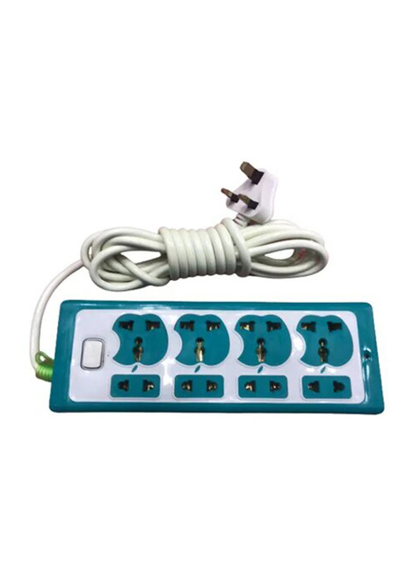3-Pin Multipurpose Power Socket Extension with 4 Sockets & 2 Meter Wire, White/Teal