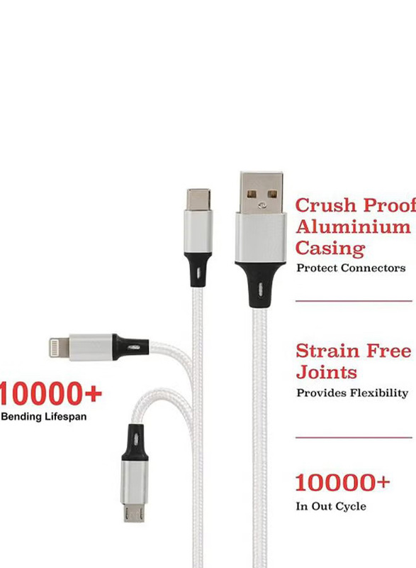 1.2-Meter 3 In 1 Multi USB Braided Charging Cable, USB A to Lightning, USB Type-C, Micro USB for Smartphone, White/Silver