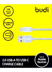 Budi 1-Meters USB Type-C Charging Data Cable, USB Type A to USB Type-C for Smartphones/Tablets, Grey