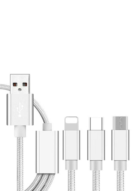 2-Meter 3-In-1 USB Charging Cable, USB Type A to Type-C/Lightning/Micro USB Cable, Silver