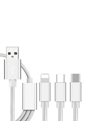 2-Meter 3-In-1 USB Charging Cable, USB Type A to Type-C/Lightning/Micro USB Cable, Silver