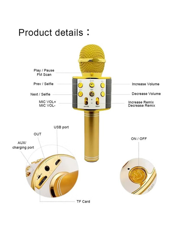 WS-858 Bluetooth Karaoke Microphone, 10002, Gold/White