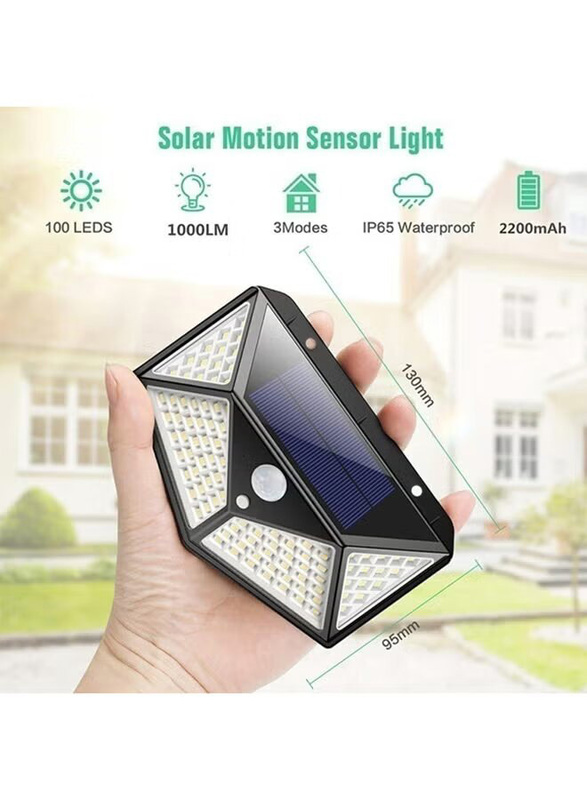 100 LED Solar Motion Sensor Power Light, 2 Pieces, 130 x 95mm, Black
