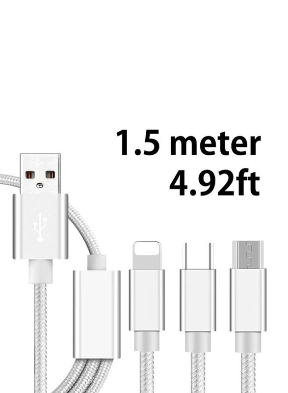 1.5-Meter 3-In-1 Multi USB Braided Charging Cable, USB A to Lightning, USB Type-C, Micro USB for Smartphone, Silver