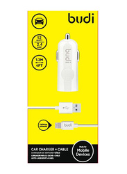 Budi USB Car Charger, 2.4A with Lightning to USB Data and Charge Cable, White