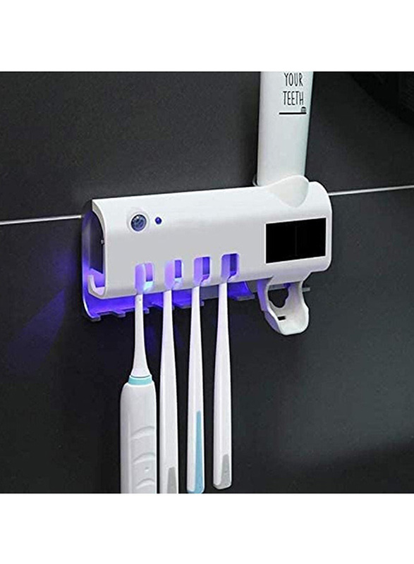 Photosensitive UV Light Tooth Brush Sterilizer & Paste Dispenser Organizer Holder, White