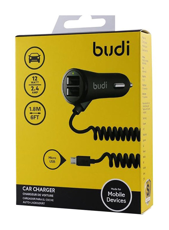 Budi USB Car Charger, with 2.4A Micro USB to USB Data and Charge Cable, Black
