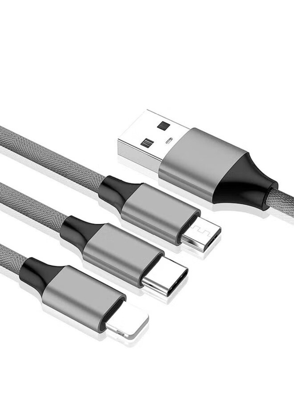 1.2-Meter 3-in-1 Multifunction Fast Charging Android Cable, USB Type A to Type-C/Lightning/Micro USB Cable, Grey