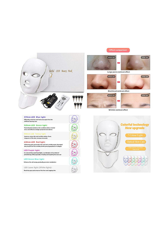 LED Mask Face & Neck with 7 Color Light Beauty Face Mask Machine White, 7 Pieces