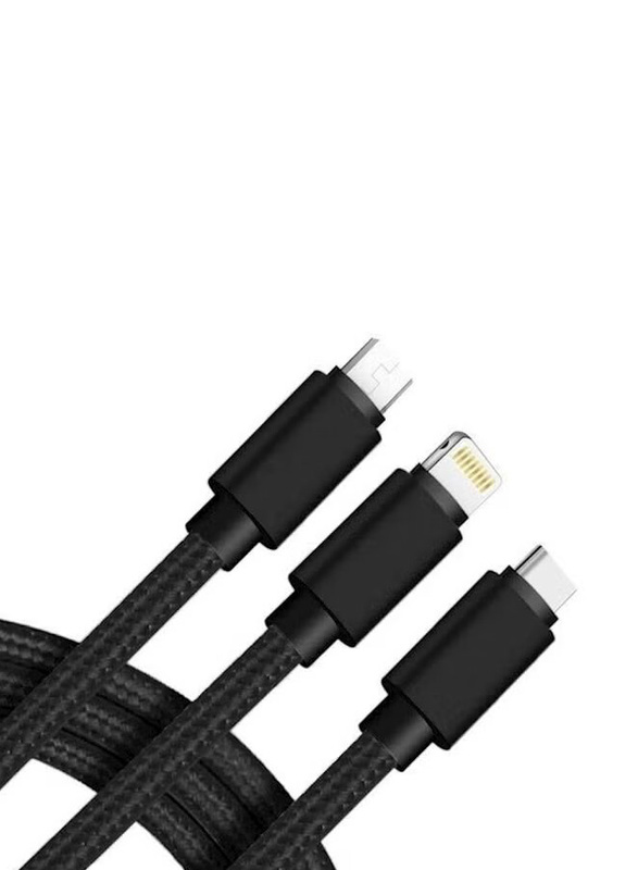 2-Meter 3-In-1 USB Charger Cable, USB Type A to Type-C/Lightning/Micro USB Cable, Black