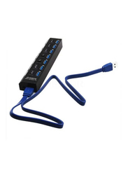 7-Port USB Hub With Cable On Off Switch, Black/Blue