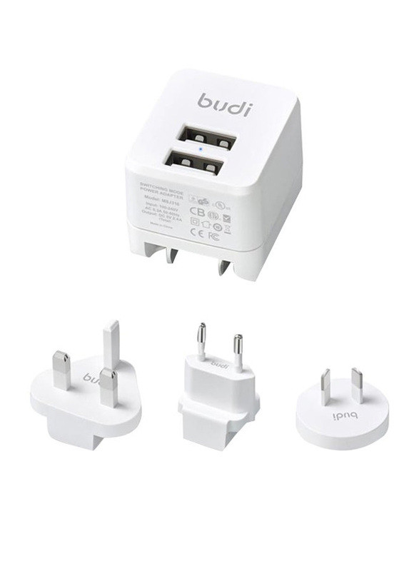 Budi 2 USB Ports Global Travel Charger, White