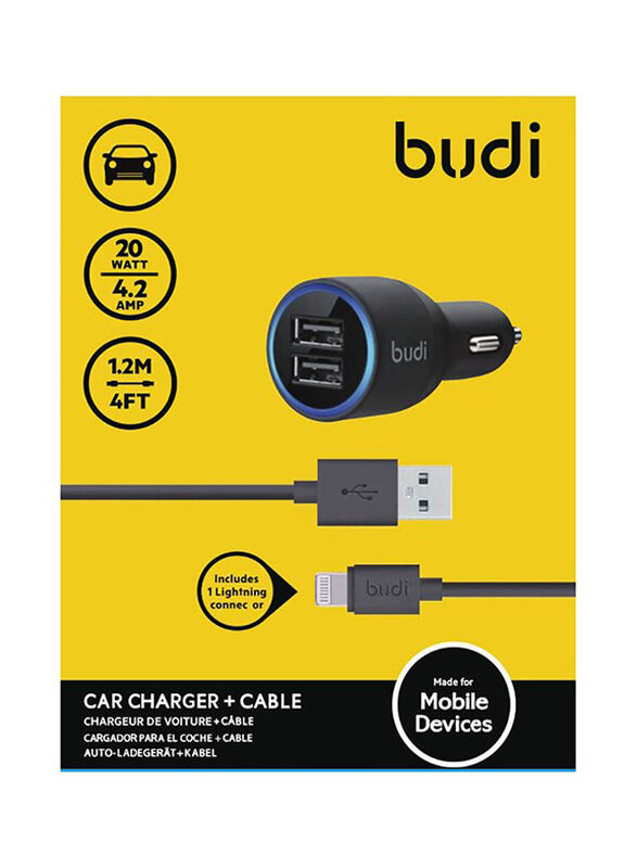 

Budi USB Car Charger, 4.2A with Lightning to USB Data and Charge Cable, Black
