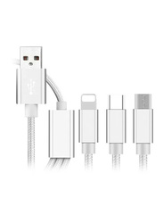 1.5-Meter 3-In-1 Multi USB Braided Charging Cable, USB A to Lightning, USB Type-C, Micro USB for Smartphone, Silver