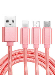 2 Feet 3-In-1 Braided USB Charging Cable, USB Type A to Type-C/Lightning/Micro USB Cable, Pink