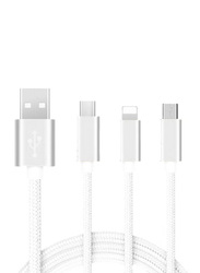 2-Feet 3-In-1 Charging Cable, USB Type A to Type-C/Lightning/Micro USB Cable, White/Silver