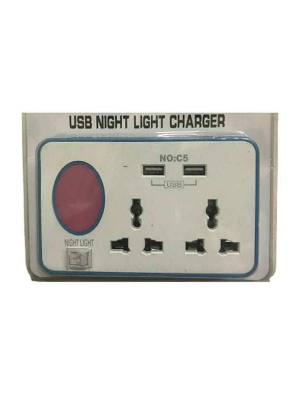 3-Pin Night Light Charger with 2-Socket and 2-USB Port, White