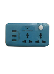 3-Pin Plug with 2 Sockets & 3-USB Ports, Blue