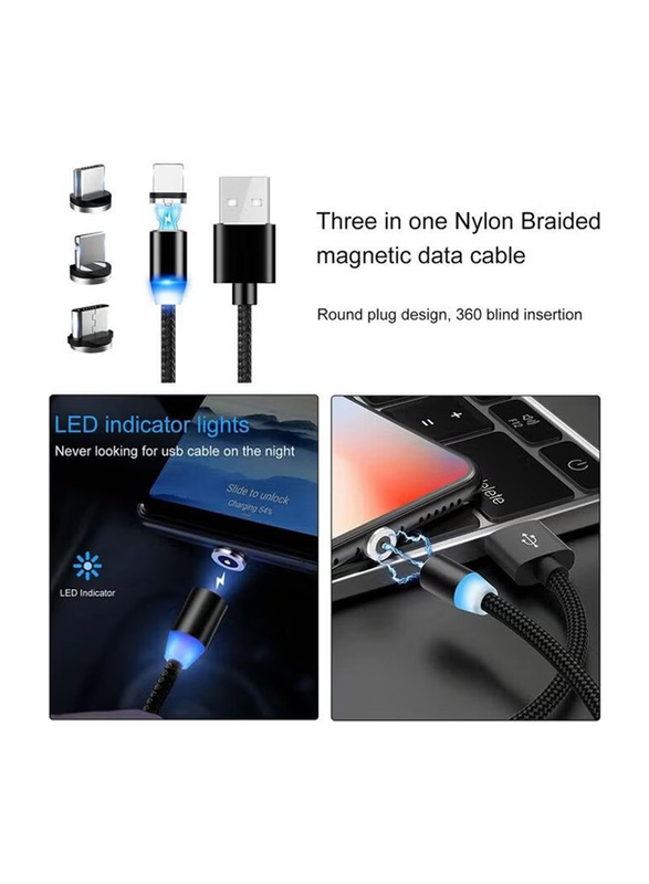 3-In-1 USB Magnetic Charging Cable with Plug, USB Type A to Type-C/Lightning/Micro USB Cable, MOCI1199, Black