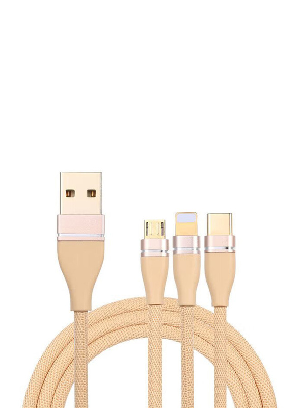 1.2-Meter 3-In-1 Charging Cable, USB Type A to Type-C/Lightning/Micro USB Cable, Gold