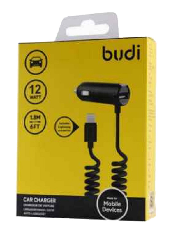 Budi Car Charger, 12W with USB Port and Lightning Cable, Black
