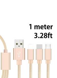 2-Feet 3 In 1 Multi USB Charging Cable, USB A to Lightning, USB Type-C, Micro USB for Smartphone, Gold