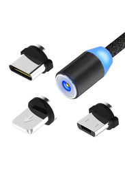 3-in-1 Multiple Types Magnetic Circular Data Sync and Charging Cable, Multiple Types to USB Type A for Smartphones/Tablets, Black