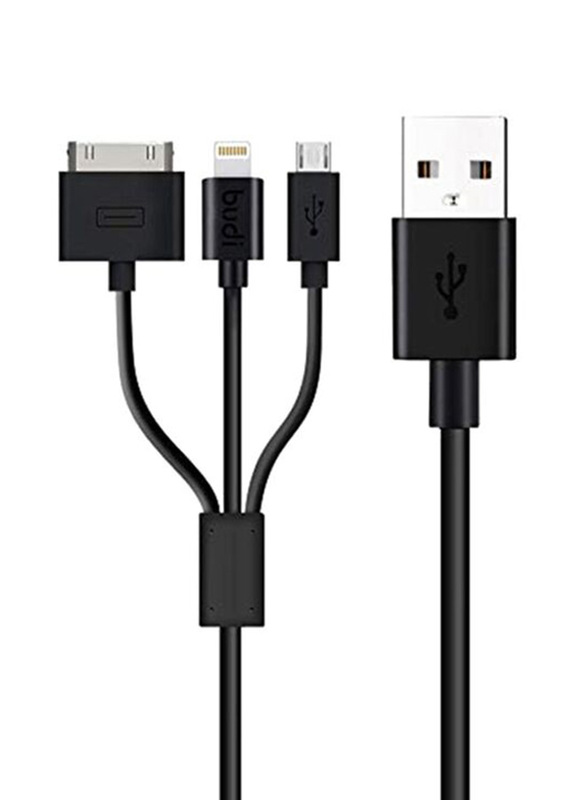 Budi 1.2-Meters 3-in-1 Multiple Types Charging Cable, USB Type A to Multiple Types for Smartphones/Tablets, Black