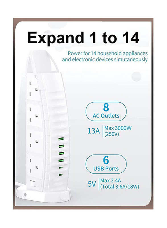 Burj Al Arab Sailboat Shape Tower Extension Lead Power Strip with 8 Ways AC Outlets, 2 Type C Fast Charging Ports & 4 USB Multi Plug Socket, White