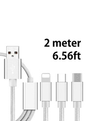 2-Meter 3-In-1 USB Charging Cable, USB Type A to Type-C/Lightning/Micro USB Cable, Silver