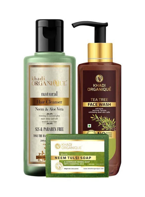 Khadi Organique Neem Aloe Vera Hair Cleanser Tea Tree Face Wash & Neem Tulsi Soap, Set