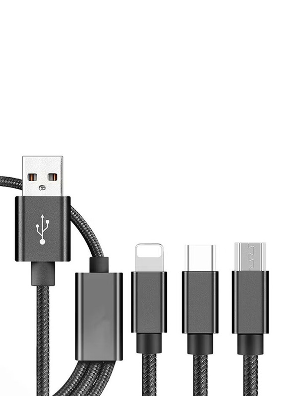 1.5-Meter 3-In-1 Charging Cable, USB Type A to Type-C/Lightning/Micro USB Cable, Black