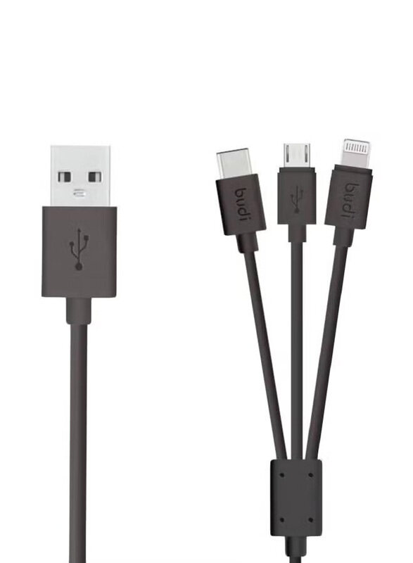 

Budi 1.4-Meters 3-in-1 Multiple Types Data Sync Charging Cable, Multiple Types to USB Type A for Smartphones/Tablets, Black