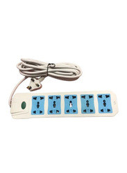 3-Pin Multipurpose Power Socket Extension with 5 Sockets & 2 Meter Wire, White/Blue