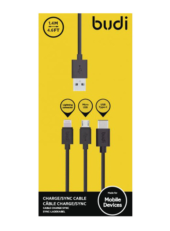 Budi 1.4 Meter 3-In-1 Micro USB Data Sync Charging Cable, Black/Silver