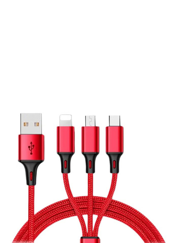 1.2-Meter 3 In 1 Multi USB Charging Cable, USB A to Lightning, USB Type-C, Micro USB for Smartphone, Red
