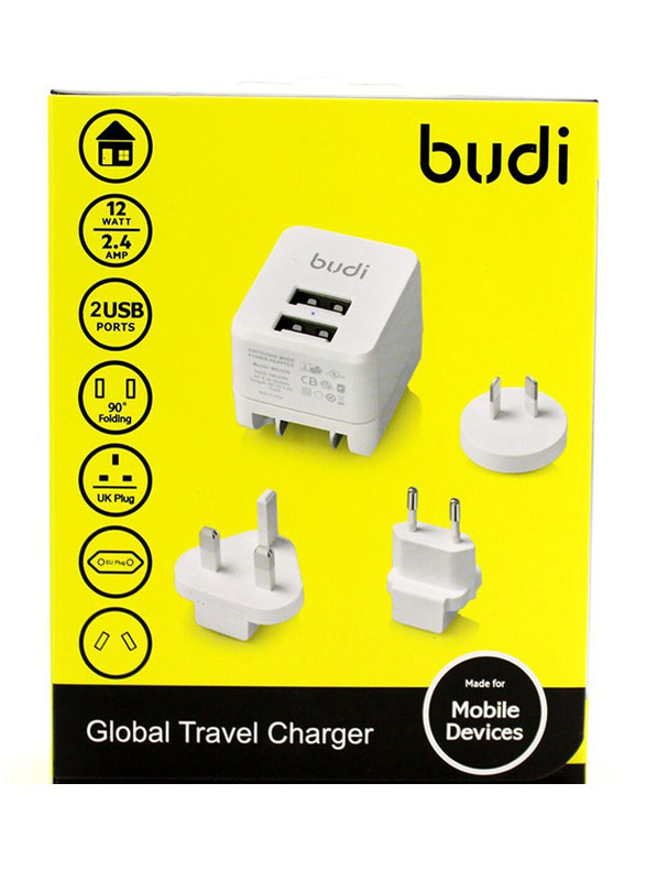 Budi 2 USB Ports Global Travel Charger, White