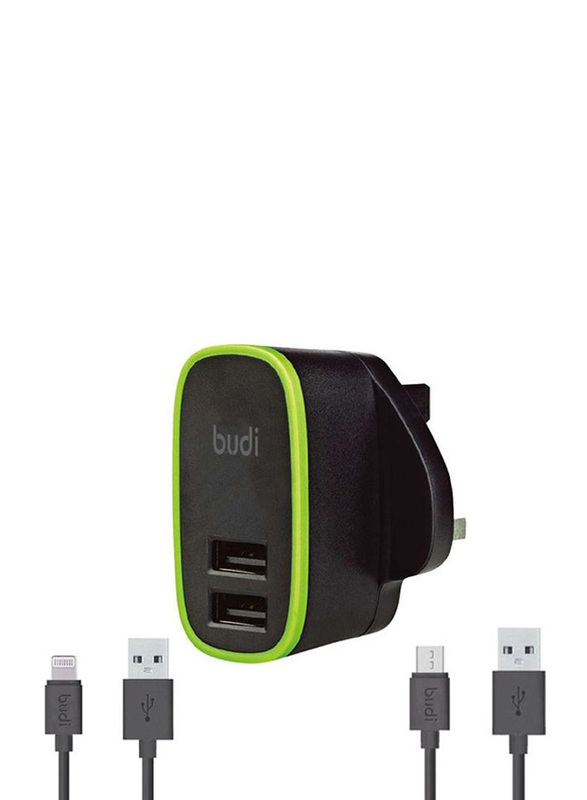 Budi Dual Port Wall Charger, with 2.4A Micro USB-B/Lightning to USB Data and Charge Cable, Black/Green