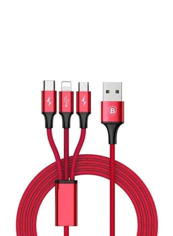 

Generic 3-In-1 USB Charger Charging Cable, USB Type A to Type-C/Lightning/Micro USB Cable, Red