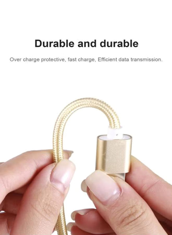 1.2-Meter 3-In-1 Multi USB Braided Charging Cable, USB A to Lightning, USB Type-C, Micro USB for Smartphone, Gold