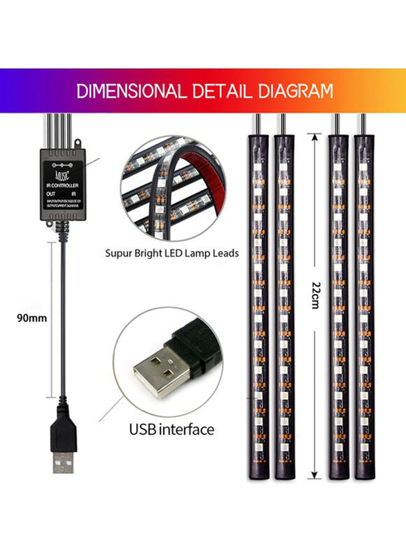 Car LED Strip Light Set with Sound Active Function & Wireless Remote Control, 4 Pieces