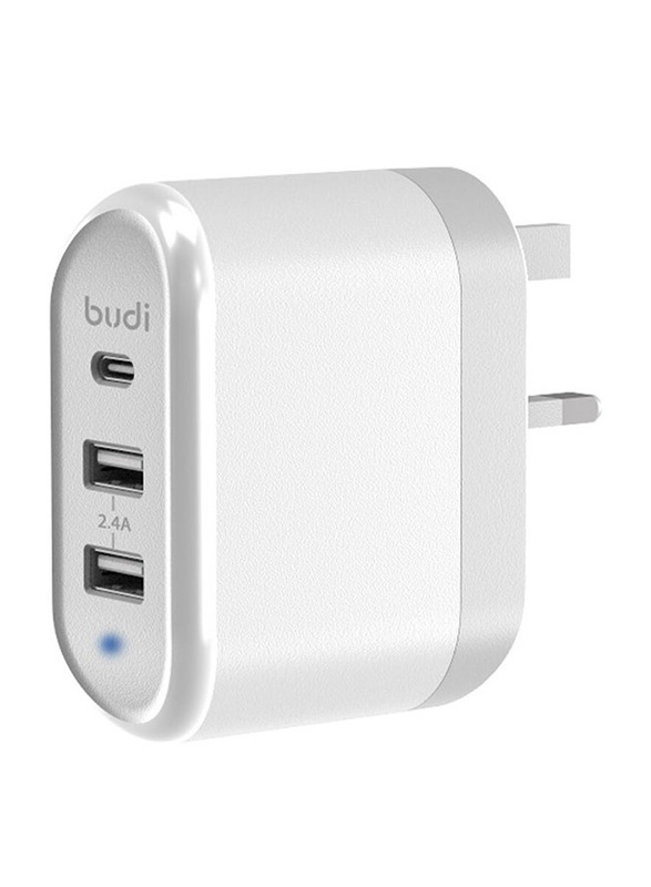 Budi Portable Adapter With Type-C and Dual USB Ports, White