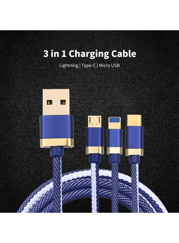 1.2-Meter 3-In-1 Charging Cable, USB Type A to Type-C/Lightning/Micro USB Cable, Blue