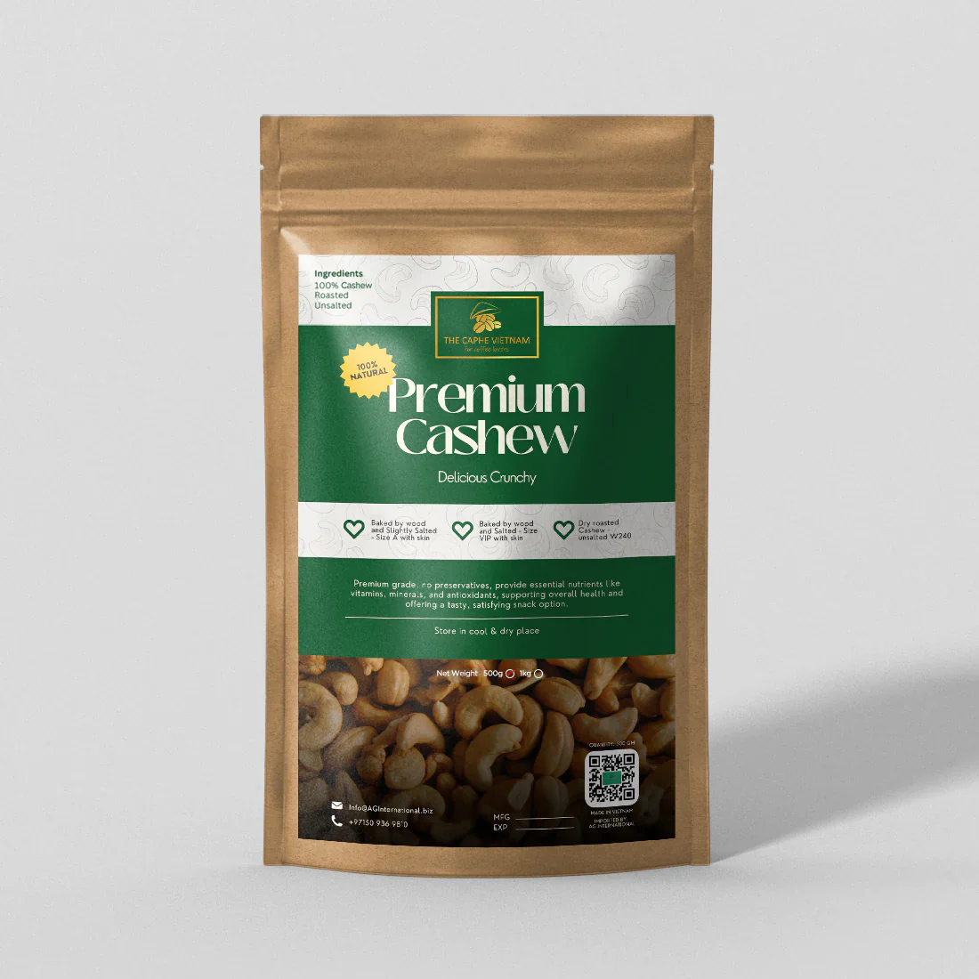 

The Caphe Vietnam Premium Roasted Unsalted Skinless W240 Grade Cashew Nuts, 1 Kg