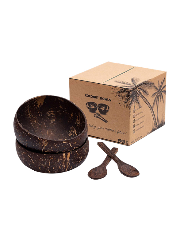4-Piece Coconut Bowls & Wooden Spoon Set, Brown